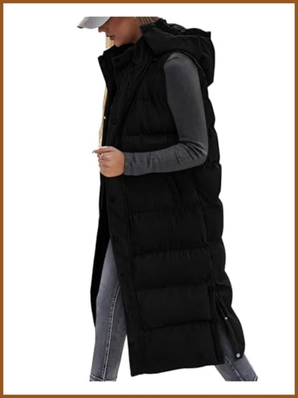 Long Quilted Puffer Vest Hooded Sleeveless Winter Coat